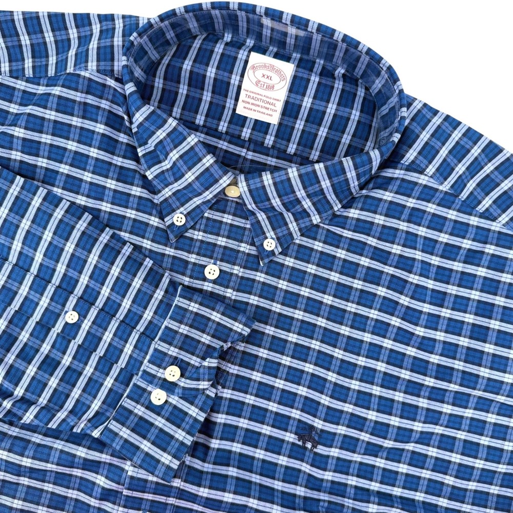Brooks Brothers Mens XXL Traditional Non Iron Stretch Blue Plaid Button Down NEW